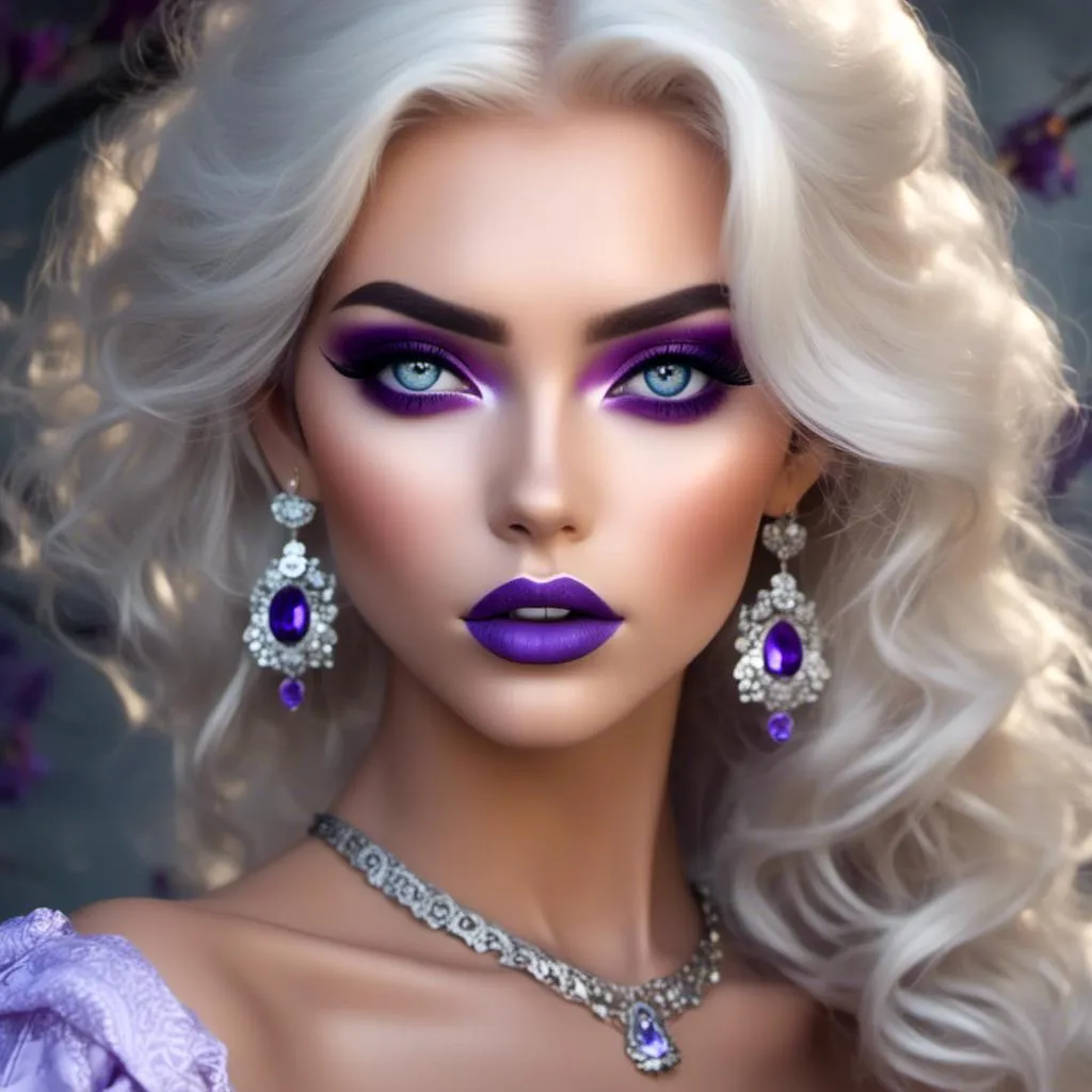 Prompt: <mymodel>Hypnotic bimbo  platinum  blonde   gold lips and purple eyeshadow 