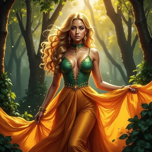 Prompt: A stunning woman in a mystical forest, flowing gown of vibrant orange, dramatically lighting her surroundings, surrounded by lush greenery and towering trees, warm golden hues blending with deep greens, enchanting ambiance, ethereal glow illuminating her confident expression, high detail, 4K quality, captivating and dynamic scene.