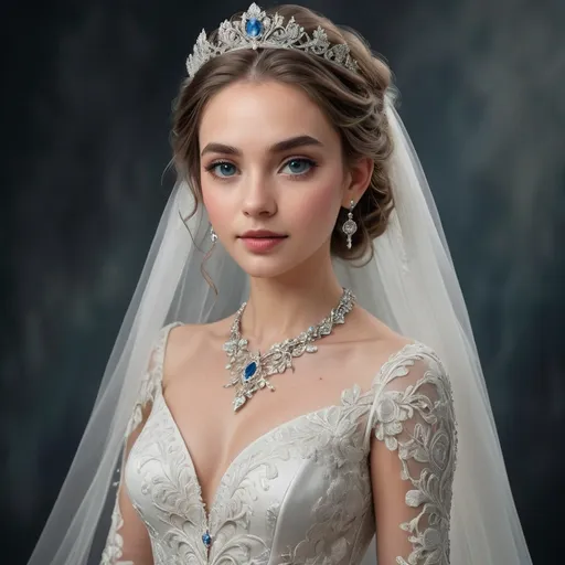 Prompt: With an air of elegance and grace, a bride stands poised, adorned in a stunning white wedding gown that features intricate floral embroidery along the neckline and sleeves. Her eyes, a striking blue, draw immediate attention, accentuated by perfectly styled curls that cascade down her back, while a delicate tiara glistens atop her head, sparkling with jewels that mirror her earrings. The soft lighting enhances her flawless complexion, giving her an ethereal glow and emphasizing the rich reds of her lips. Draped elegantly over her shoulders, a sheer veil adds an element of sophistication, framing her serene expression against a muted, dark background that heightens the overall luxurious ambiance of the scene. The combination of these elements conveys a sense of romantic majesty and anticipation for the momentous occasion ahead.