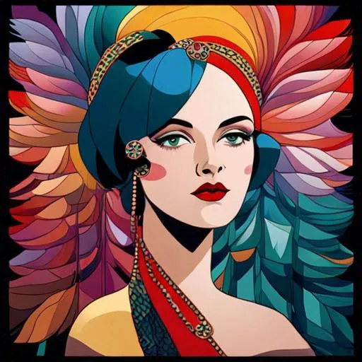 Prompt: Colorful art deco illustration of a young lady, vibrant and luxurious, intricate geometric patterns, elegant flapper dress with fringe details, stylish headband with feathers, radiant and confident expression, rich color palette with gold and jewel tones, high quality, detailed art deco, 1920s fashion, elegant design, luxurious atmosphere, art deco style, vibrant colors, confident stance, radiant lighting