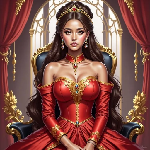 Prompt: <mymodel> a woman in a red dress with gold trimmings and a tiara on her head and shoulders, Chen Hong, fantasy art, highly detailed digital painting, a detailed painting