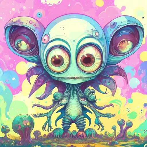 Prompt: Whimsical, cute alien, cartoon style, vibrant colors, large expressive eyes, playful demeanor, alien landscape, otherworldly plants, best quality, high resolution, vibrant, cartoon, cute, whimsical, otherworldly, playful, expressive eyes, alien landscape, vibrant colors, professional