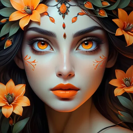 Prompt: Beautiful  hybrid woman with orange flowers sprouting from her, oil painting, detailed fiery eyes, ethereal glow, dark and mysterious, high quality, vibrant colors, surreal, haunting, intricate floral details, intense gaze, mystical atmosphere, oil painting, hybrid, fiery eyes, ethereal, vibrant colors, surreal, 