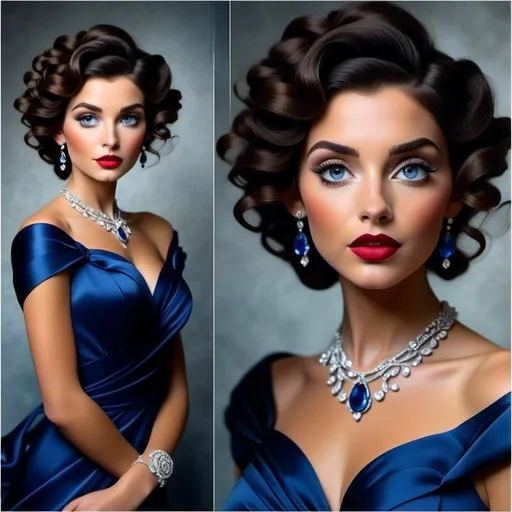 Prompt: <mymodel>Glamorously dressed 1930's lady, sapphire jewelry, blue eyes, vintage glam, luxurious satin gown, elegant updo hairstyle, detailed facial features, high-quality, vintage, glamorous, detailed sapphire jewelry, sophisticated makeup, atmospheric lighting, deep blue color tones, classic Hollywood style