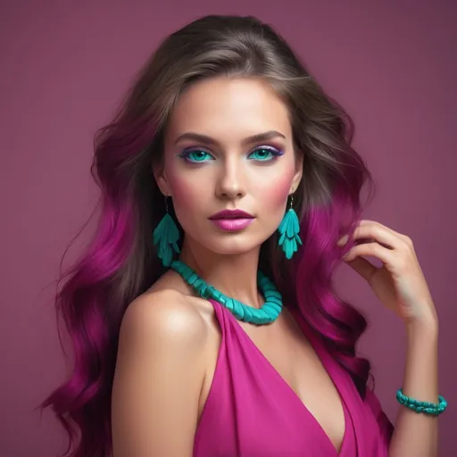 Prompt: A beautiful woman in colors of turquoise and magenta