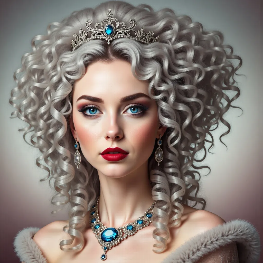 Prompt: a woman with long gray hair wearing a tiara and a tiara on her head, with a diamond tiara on her head, Charlie Bowater, photorealism, highly detailed digital painting, a photorealistic painting