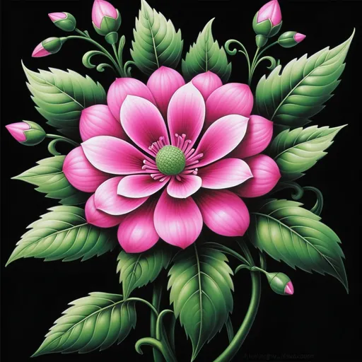 Prompt: a painting of a pink flower with green leaves on a black background with a black background behind it is a picture of a pink flower, Anne Stokes, cloisonnism, highly detailed digital painting, an airbrush painting