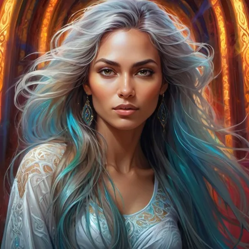 Prompt: Detailed digital painting of a powerful woman, vibrant colors, magical fantasy setting, flowing hair with intricate details, intense and confident expression, ethereal and mystical atmosphere, high quality, digital painting, fantasy, vibrant colors, flowing hair, powerful, confident, mystical, atmospheric lighting