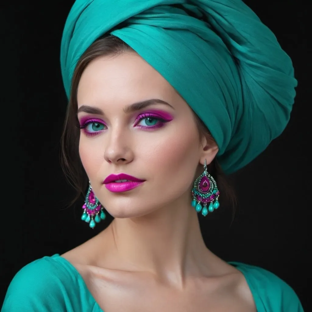 Prompt: A beautiful woman in colors of turquoise and magenta