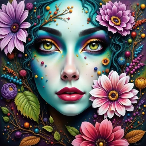 Prompt: a painting of a woman with flowers sprouting from her face, with a dark background, Anna Dittmann, fantasy art, highly detailed digital painting, an airbrush painting