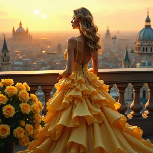 Prompt: Bathed in the warm glow of a golden sunset, a woman stands gracefully on a balcony overlooking a sprawling cityscape, her back turned to the viewer. She wears an extravagant, tiered yellow gown adorned with intricate floral patterns that cascade beautifully down her train, emphasizing her elegant posture. Her hair is styled in soft waves, complementing the luxurious ambiance, while bountiful yellow roses arranged nearby enhance the scene’s romantic charm. The skyline, featuring historic architecture and softly glowing under the evening light, creates a dreamy backdrop that evokes a sense of enchantment and nostalgia in this enchanting moment.