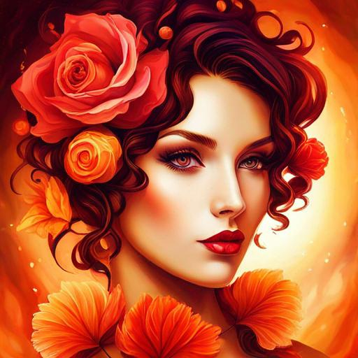 Prompt: fairy goddess, warm colors, fiery  red roses,
background, closeup