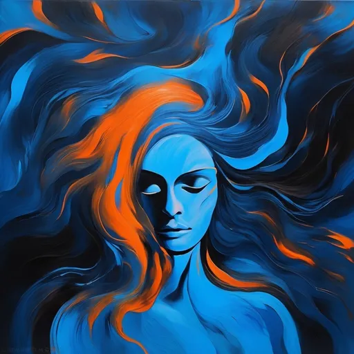 Prompt: Woman with blue/orange colorscape, abstract art, vibrant brush strokes, high contrast, oil painting, flowing hair, intense gaze, surreal atmosphere, best quality, vibrant, abstract, oil painting, high contrast, intense gaze, surreal, flowing hair, professional, atmospheric lighting