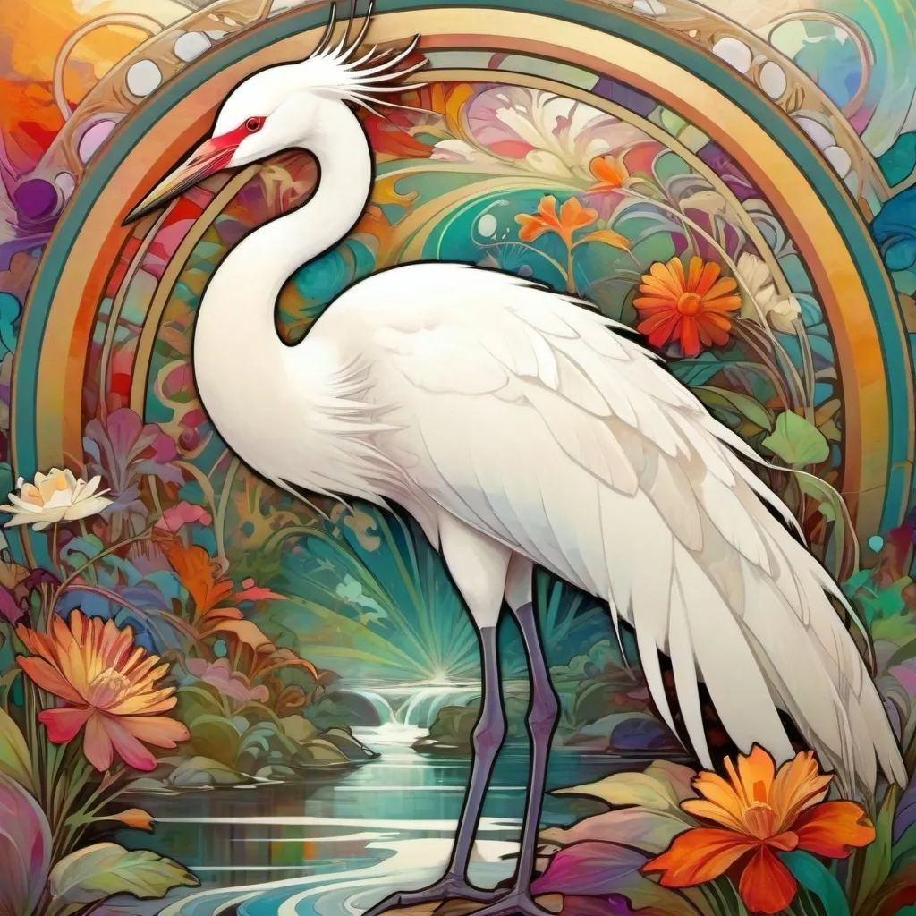 Prompt: white crane bird in a colorful abstract garden with a river in the background