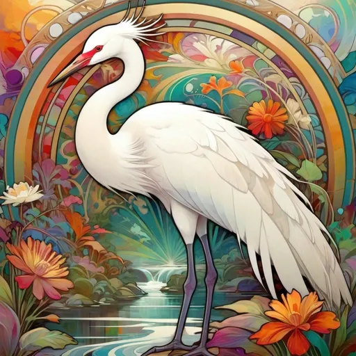 Prompt: white crane bird in a colorful abstract garden with a river in the background