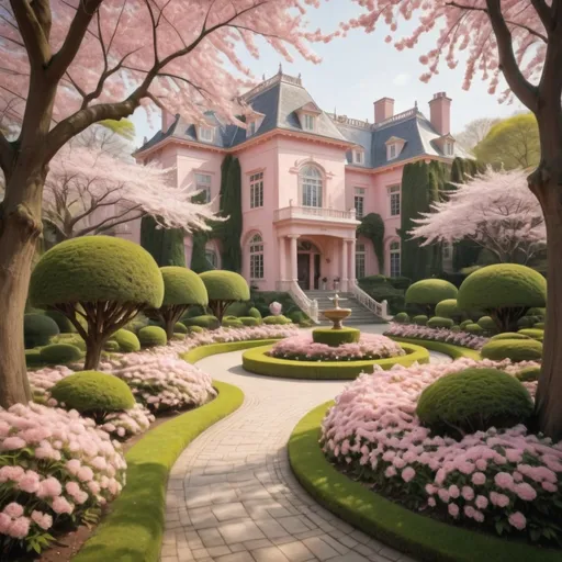 Prompt: Bathed in soft sunlight, an elegant pink mansion stands gracefully amidst a lush garden, adorned with vibrant cherry blossom trees in full bloom. The meticulously landscaped grounds feature curved pathways lined with perfectly pruned hedges and clusters of soft pink flowers, inviting visitors to wander through the serene space. A rich array of green topiary complements the pastel tones of the house, emphasizing the harmony between architecture and nature. The scene evokes a tranquil, idyllic atmosphere, reminiscent of a serene spring day, where beauty and elegance intertwine beautifully.
