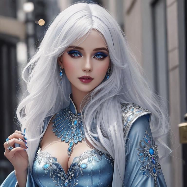 Prompt: A beautiful woman, white hair, blue eyes, blue eyeshadow, blue jewels o