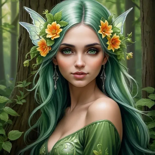 Prompt: <mymodel> a beautiful fairy with green hair and flowers in her hair, standing in the woods with flowers in her hair, Anne Stokes, fantasy art, fantasy artwork, a detailed painting