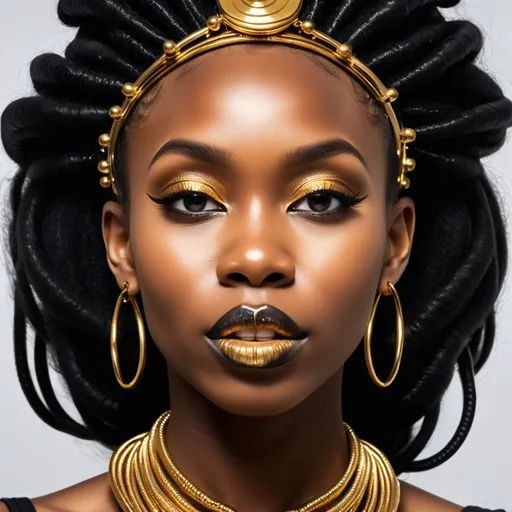 Prompt: <mymodel> a woman with a gold necklace and earrings on her head, wearing a black dress and a gold necklace, Chinwe Chukwuogo-Roy, afrofuturism, regal, a character portrait