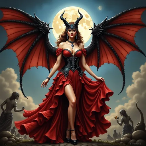 Prompt: a woman with a red dress and a horned mask on her face and wings, standing in front of a full moon, Anne Stokes, gothic art, dark fantasy art, a detailed painting