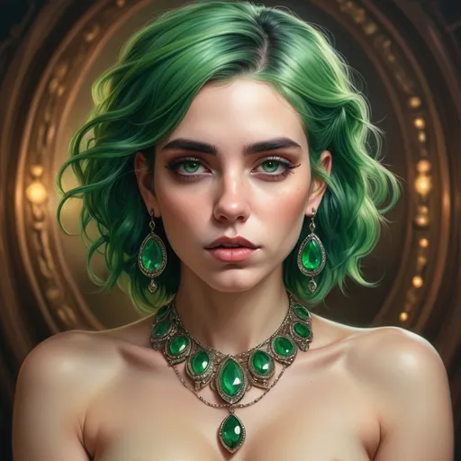 Prompt: a woman with green hair and jewelry on her chest and hands on her chest, wearing a necklace and earrings, Edwin Georgi, fantasy art, highly detailed digital painting, a digital painting