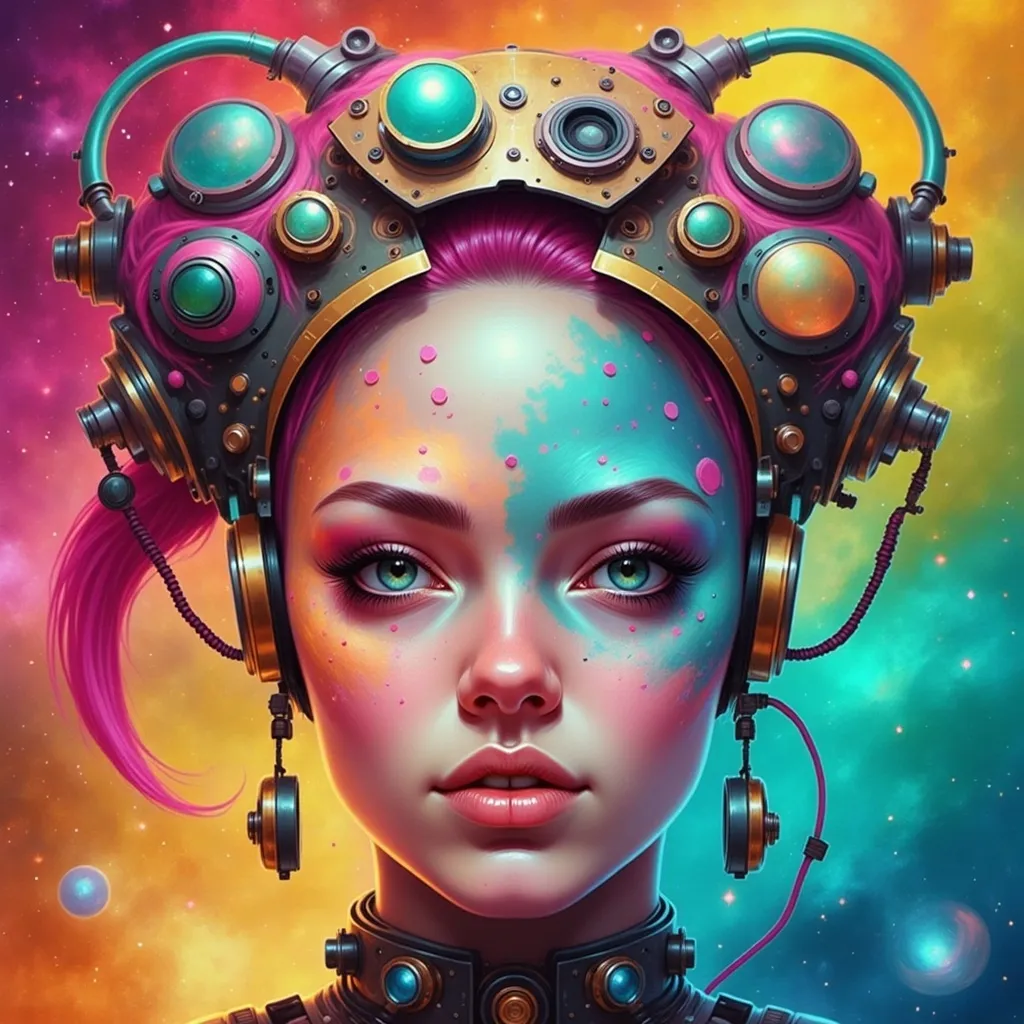 Prompt: a  cyborg woman with a weird hair and a colorful background is featured in this painting by artist marky k, Android Jones, afrofuturism, highly detailed digital painting, cyberpunk art