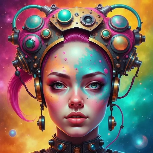 Prompt: a  cyborg woman with a weird hair and a colorful background is featured in this painting by artist marky k, Android Jones, afrofuturism, highly detailed digital painting, cyberpunk art