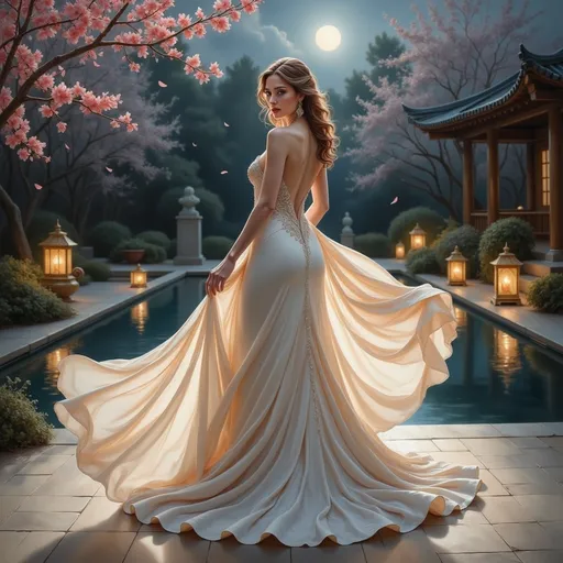 Prompt: Bathed in the soft glow of moonlight, a woman stands poised in an ethereal white gown that cascades around her like flowing water, its delicate fabric catching the gentle evening breeze. She gazes back over her shoulder, her expression a mix of serenity and introspection, framed by loose, wavy hair that glimmers in the silvery light. The setting exudes a dreamy ambiance, featuring a tranquil garden with blooming cherry blossoms and illuminated lanterns lining a reflective pool, enhancing the magic of dusk. Subtle petals drift in the air, adding a whimsical touch to the scene as the vibrant colors of nature contrast elegantly with the subdued blues of twilight. It's a moment that encapsulates beauty, grace, and the quiet promise of romance under the vast night sky.