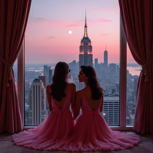 Prompt: Bathed in the soft pink glow of a rising moon, two elegantly dressed women sit side by side by a large window that frames a breathtaking cityscape. They wear flowing pink gowns that accentuate their graceful figures, and their expressions convey a mixture of contemplation and camaraderie. The Empire State Building looms majestically in the background, its iconic silhouette contrasting with the delicate beauty of the women. Luxurious curtains drape elegantly around the window, reflecting the twilight hues of the sky, while the overall scene exudes a sense of sophistication and serene intimacy, as if the two are sharing a timeless moment amidst the bustling city below.