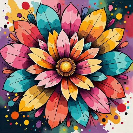 Prompt: This image is a vibrant, digitally-created abstract artwork featuring a large, colorful flower at the center. The flower has multiple, overlapping petals that radiate outward in a burst-like pattern. The petals are vividly colored in shades of orange, yellow, pink, teal, and red, with each petal outlined in bold, black lines that give the image a dynamic, energetic feel. The central part of the flower is a mix of yellow and pink, with intricate black line details adding texture and depth.

The background is a chaotic mix of splashes and streaks of color, mirroring the flower's palette but with additional hues such as green and purple. These splashes and streaks create a sense of movement and explosion, drawing the viewer's eye to the center of the flower. The overall style is reminiscent of pop art, with its bright colors and bold lines, but also incorporates elements of abstract expressionism due to the spontaneous and dynamic composition.

The image has a textured appearance, with the digital medium allowing for a high level of detail and vibrancy. The use of color and line creates a sense of depth and complexity, making the flower appear almost three-dimensional despite being a flat, two-dimensional artwork.