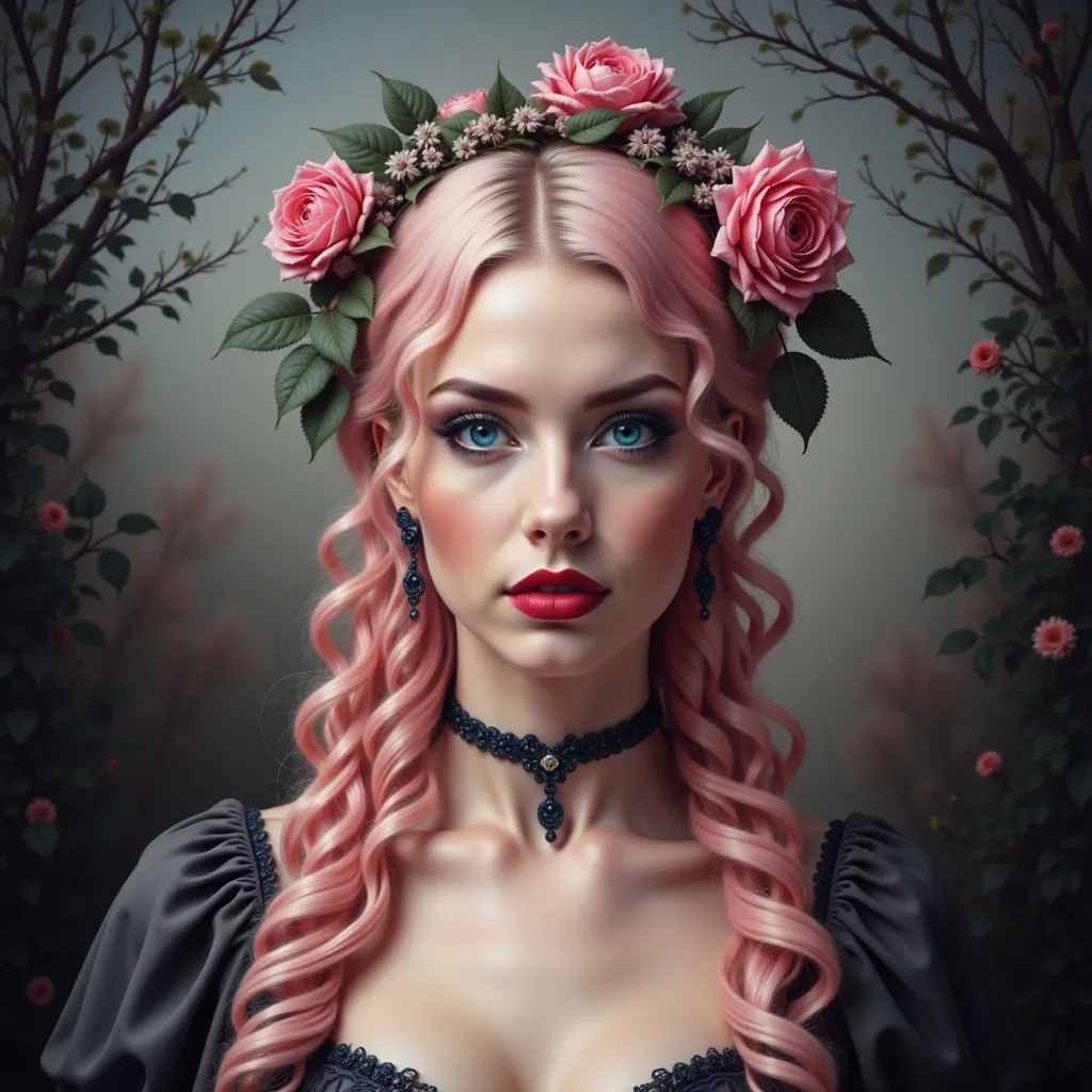 Prompt: a woman with pink hair and roses in her hair is wearing a black dress and a choker with pink roses on her head, Charlie Bowater, gothic art, highly detailed digital painting, a digital painting