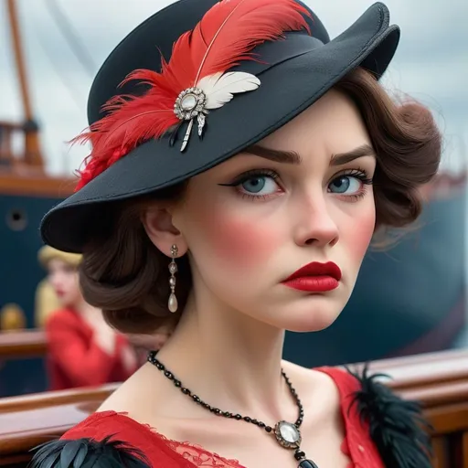 Prompt: <mymodel>fashionable 1st class  female passenger on the Titanic, pale skin, dark styled hair, large lips,  looking sad, facial closeup, vibrant colors, red dress and elaborate hat with feathers
