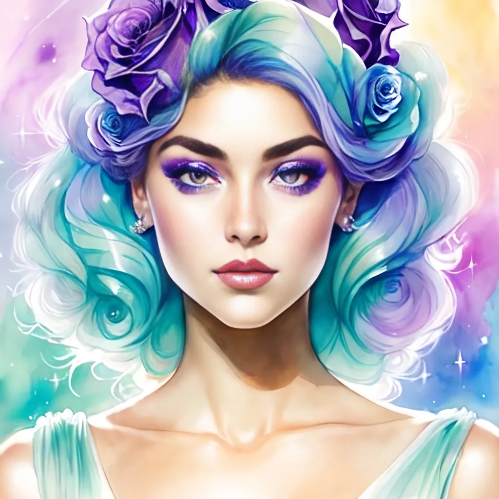 Prompt: Cosmic Epic Beauty, Beautiful and Gorgeous, purple roses in hair