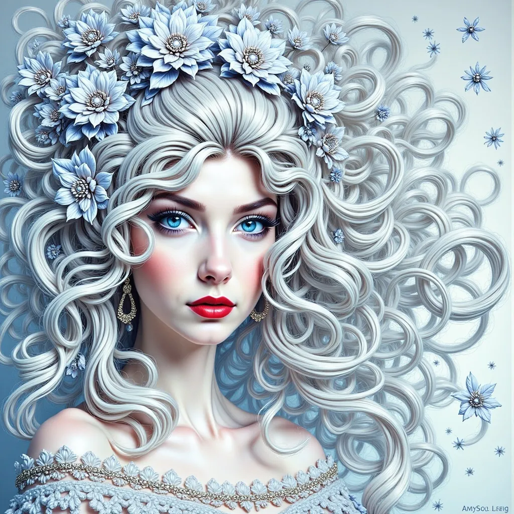 Prompt: a white woman with a snowflaked hair and blue eyes is shown in this artistic photo of snowflakes, amy sol, fantasy art, highly detailed digital painting, an ambient occlusion render