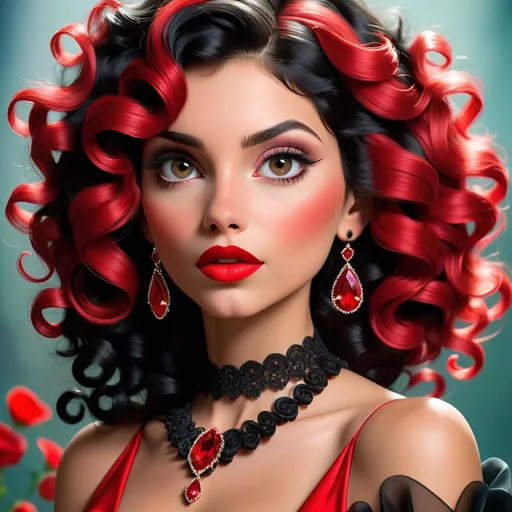 Prompt: Curly black hair, red lips, ruby jewelry, woman in red dress, high quality, detailed, close-up portrait, vibrant colors 