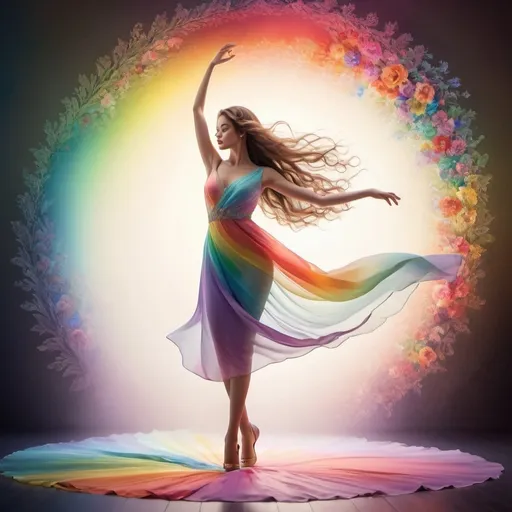 Prompt: (elegant lady), graceful pose, vivid (colors of the rainbow), flowing attire, chic accessories, soft and dreamy ambiance, radiating a sense of joy, ultra-detailed, ambient lighting, romantic atmosphere, intricate patterns, harmonious blend of hues, beautifully flowing hair, serene expression, enchanting background bursting with color, high-quality rendering.