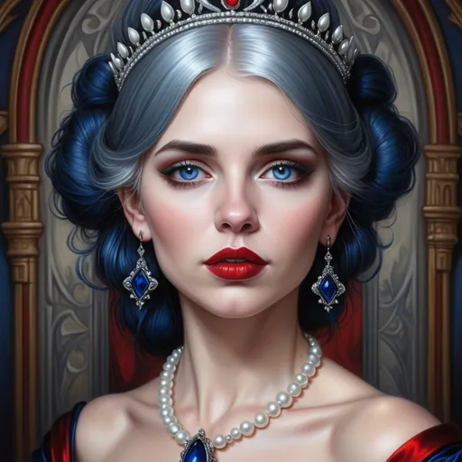 Prompt: a woman with  white hair, blue eyes, red lips, a tiara and pearls on her head and a red lip and a blue dress with a red and white collar, Anne Stokes, gothic art, highly detailed digital painting, a detailed painting