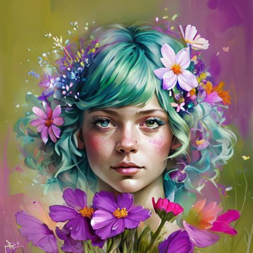 Prompt: a fairy of spring, ,wildflowers, vivid colors,  facial closeup