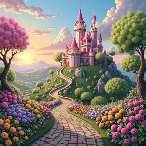 Prompt: A majestic castle sits atop a verdant hill, its pink towers and spires reaching towards a pastel sky illuminated by the warm glow of a setting sun. The winding cobblestone path, lined with vibrant flowers in shades of pink, purple, and yellow, leads up to the castle, inviting viewers to explore this enchanting realm. Surrounding the path, lush greenery and ornamental trees add to the idyllic atmosphere, while distant mountains fade into soft hues in the background. The scene captures a magical moment, evoking a sense of wonder and tranquility, as nature and architecture harmoniously blend in a fairy-tale landscape.