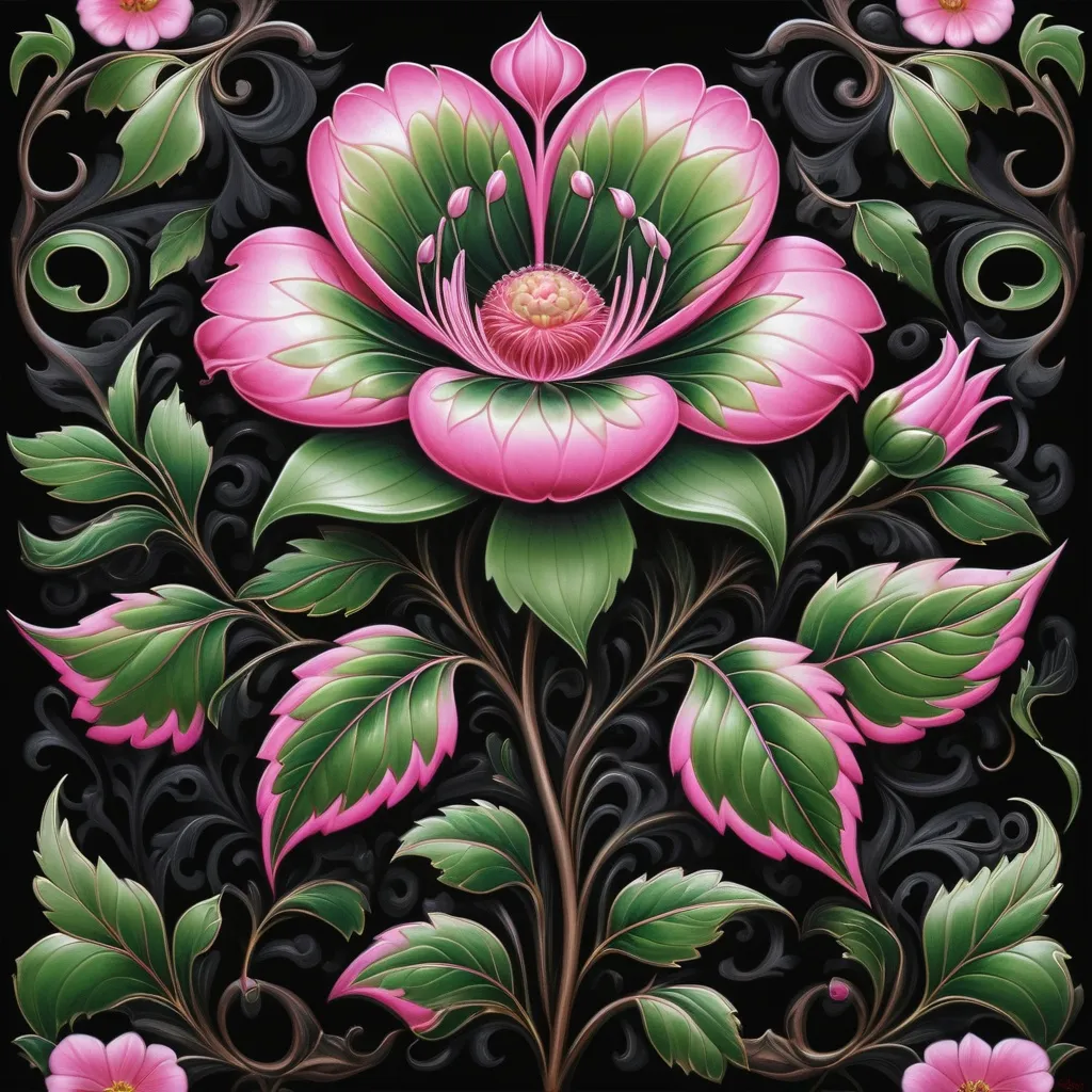 Prompt: a painting of a pink flower with green leaves on a black background with a black background behind it is a picture of a pink flower, Anne Stokes, cloisonnism, highly detailed digital painting, an airbrush painting