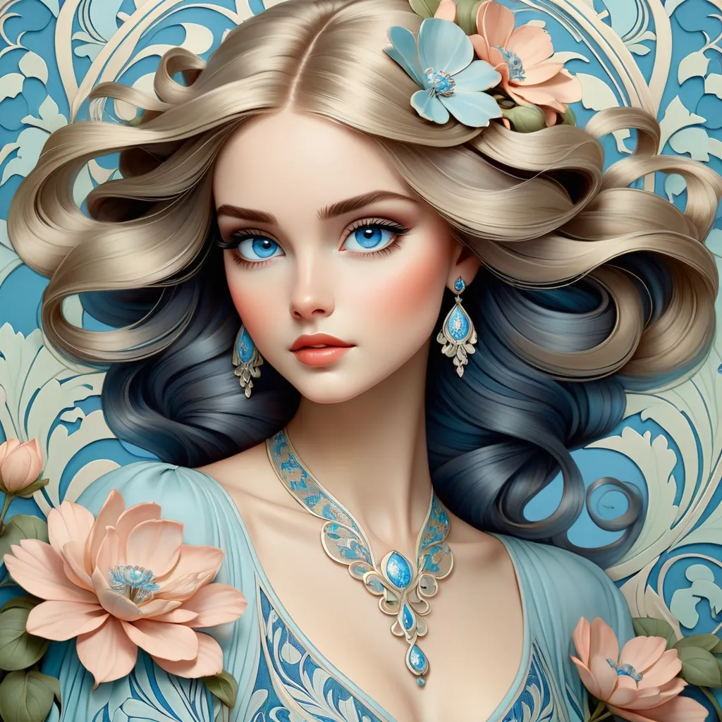 Prompt: Art Nouveau illustration of a mesmerizing blue-eyed beauty, flowing hair with floral motifs, elegant vintage attire, soft pastel color palette, intricate organic patterns, graceful posture, detailed facial features, captivating gaze, best quality, highres, elegant, Art Nouveau, floral motifs, vintage attire, soft pastels, intricate patterns, detailed features, captivating gaze, graceful posture, organic style