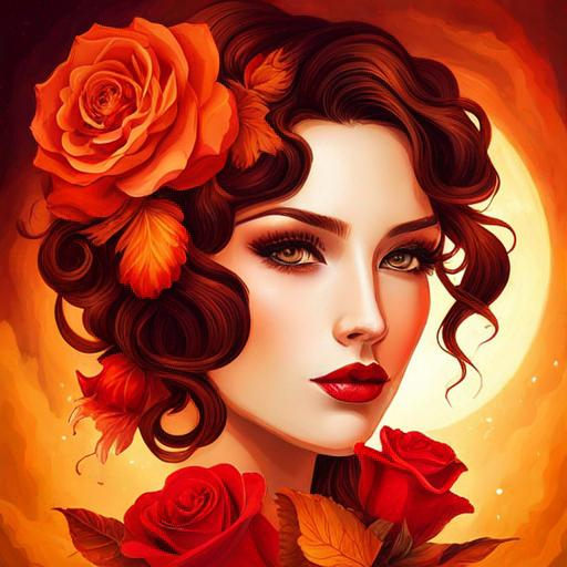 Prompt: fairy goddess, warm colors, fiery  red roses,
background, closeup