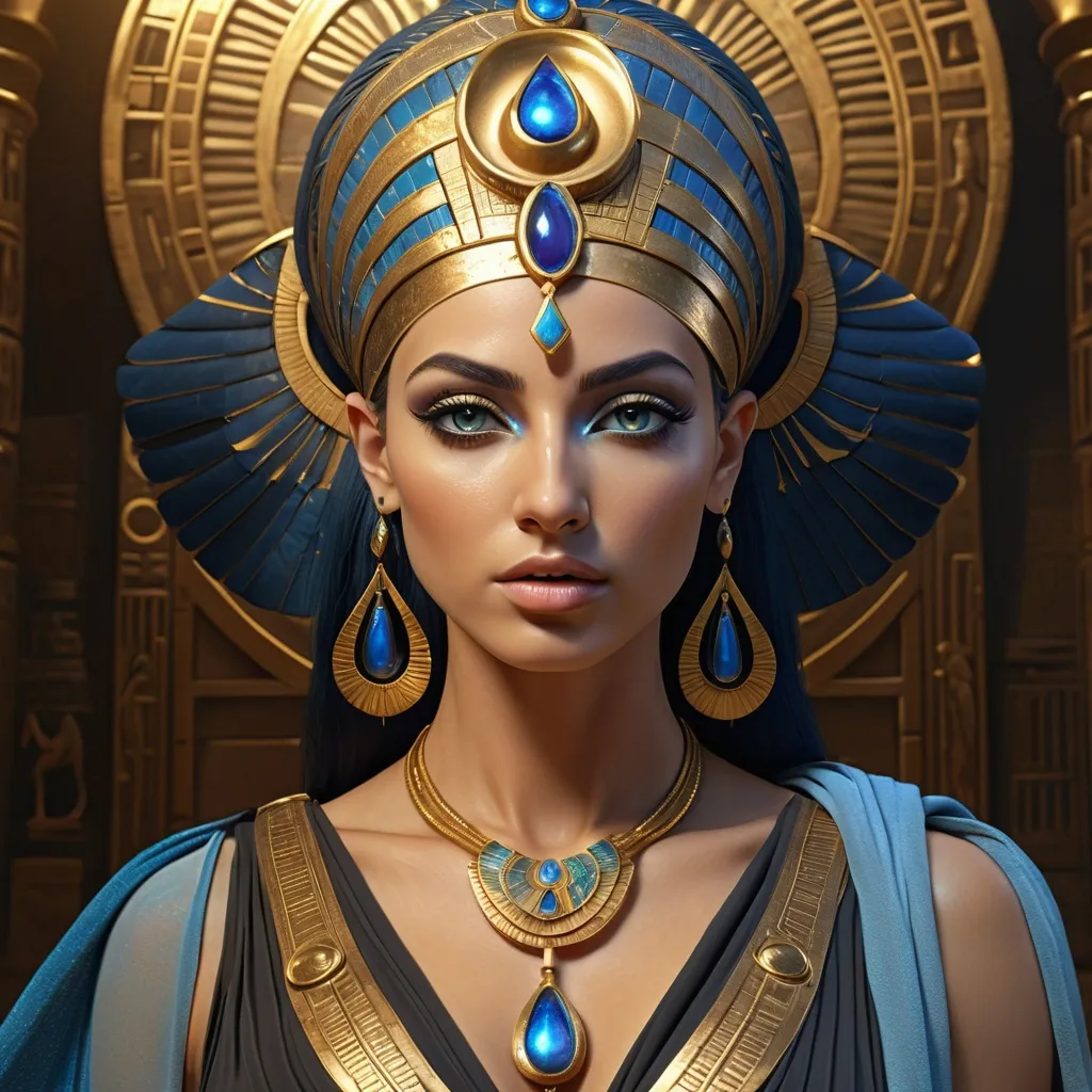 Prompt: HD 4k 3D 8k professional modeling photo hyper realistic beautiful woman Egyptian Princess ethereal greek goddess Amunet, primordial cosmic goddess, full body surrounded by ambient glow, Egyptian afterlife, enchanted, magical, highly detailed, intricate, highly realistic woman, high fantasy background, elegant, mythical, surreal lighting, majestic, goddesslike aura, Annie Leibovitz style