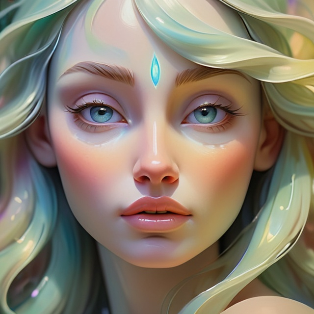 Prompt: Ethereal oil painting of a serene goddess, flowing pastel brushstrokes, surreal ethereal beauty, divine radiance, high quality, oil painting, serene beauty, pastel tones, soft lighting, facial closeup