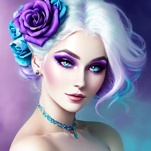 Prompt: A beautiful woman, white hair with pastel purple highlights, violet eyes, blue eyeshadow, pastel blue roses in her hair, blue jewels on forehead, cartoon style