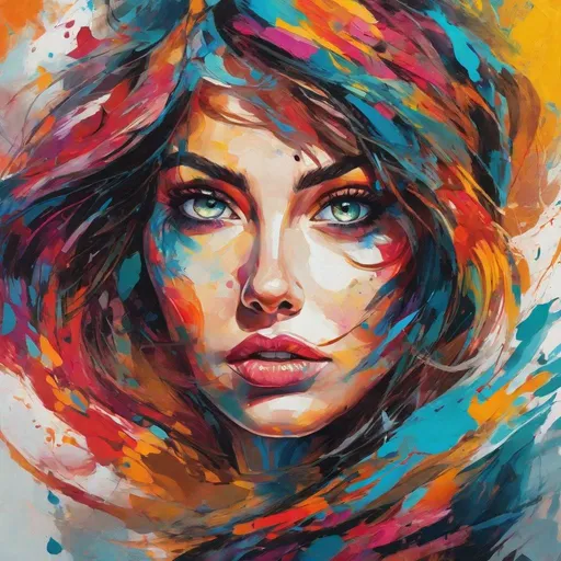 Prompt: Detailed illustration of a wild-eyed woman, chaotic brush strokes, vibrant color palette, high energy, surreal, abstract portrait, expressive eyes, mixed media, intense emotion, dynamic composition, best quality, highres, colorful, abstract, vibrant, surreal, chaotic, expressive eyes, intense emotion, dynamic composition