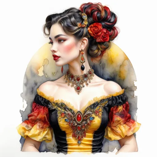 Prompt: <mymodel> beautiful woman, hair pinned up, yellow red black dress, earrings, Watercolor, trending on artstation, sharp focus, studio photo, intricate details, highly detailed, by  Josephine Wall and Jasmine Becket-Griffith