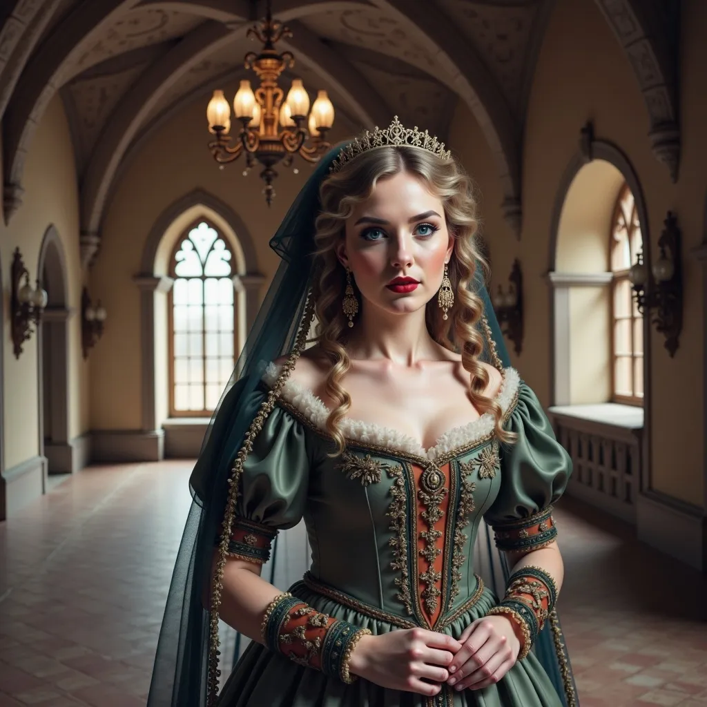 Prompt: a woman in a renaissance dress is posing for a picture in a castle like setting with a chandelier, Artur Tarnowski, renaissance, medieval, a character portrait