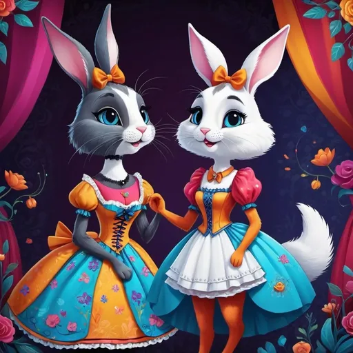 Prompt: <mymodel>Funny illustration of a anthropomorphic rabbit and cat in beautiful dresses , Tim Burton style eyes, bright and colorful, whimsical bright colorful background, comical expressions, high quality, detailed fur, playful, cartoonish, vibrant colors, imaginative lighting