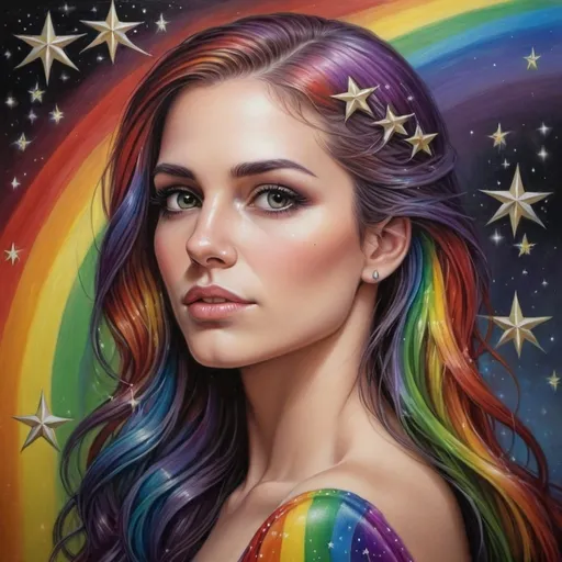 Prompt: <mymodel> a painting of a woman with a rainbow background with stars around her,, Anne Stokes, fantasy art, stars, a detailed painting